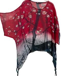 Cocoon House Womens Silk Blouse L/XL Red Cherry Blossom Sakura Asian Sheer Artsy